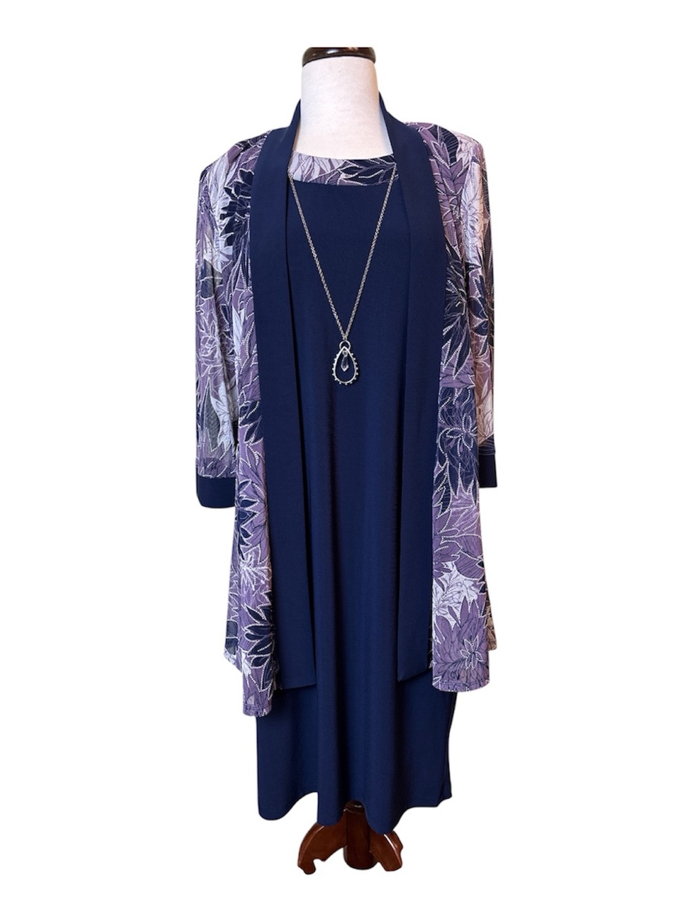 R&M Richards Navy Blue Jacket Dress Set of 2 Size 12 New Floral Spandex